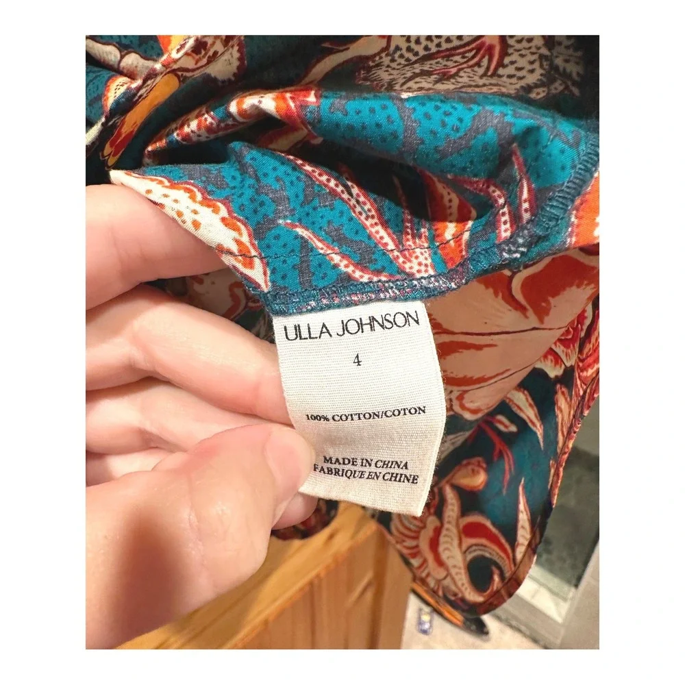 Ulla Johnson Frances Top Teal Floral Batik Puff Sleeve Cotton Blouse‎ Size 4